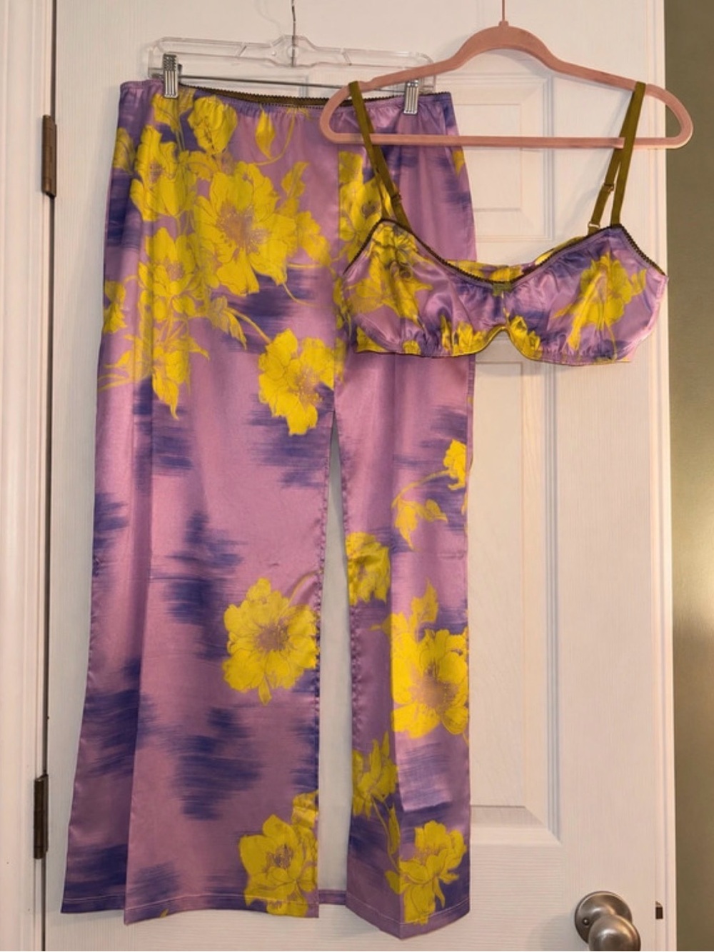Anthropologie LyreBird stretch Two piece satin Set - Lavender & Yellow Large